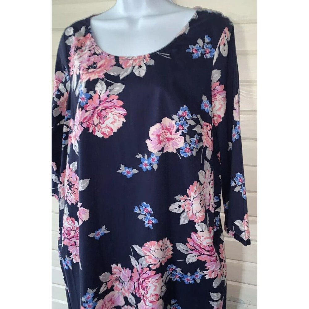Old Navy Sz MEDIUM Shift Dress Blue Pink Floral 3/4 Sleeve Cotton Stretch EUC